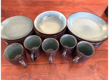 Threshold Spatter Style Teal Pottery Dining Set, Service For 5 With Extras