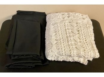 (3) Black Table Cloths With Pretty White Throw Blanket