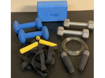 Assorted Collection Of Exercise Equipment Including Weights, Jump Rope, & More