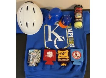 Sports Lot Including KC Hoodie, Miniature Baseball Helmets, Koozies, & More