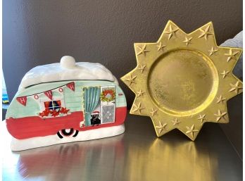 Pair Of Holiday Decor Items Including RV Cookie Jar With Lab Puppy And Vintage Gold Star Plate