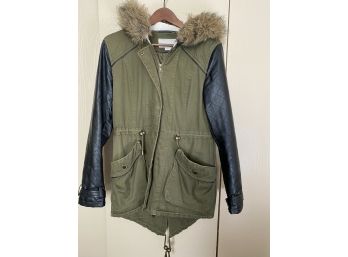 Size Small Ladies Faux Leather Army Green Anorak Coat