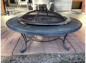 Outdoor Fire Pit With Marble Style Rim And Wrought Iron Base