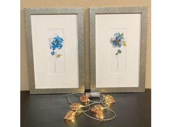 (2) Blue Flower Water Color Paintings By Carol Robinson In Frame
