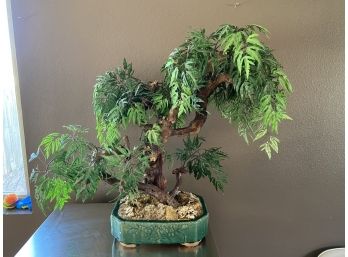 Artificial Decorative Bonzai Tree With Ceramic Planter And Fern Like Foliage