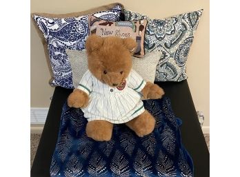 (4) Throw Pillows, Blanket, & Teddy Bear