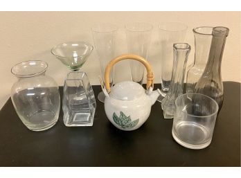 Assorted Glassware Including Pottery Teapot, Vases, Dish, & More