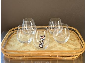 5 Stemless Wine Glasses With Two Bamboo Serving Trays