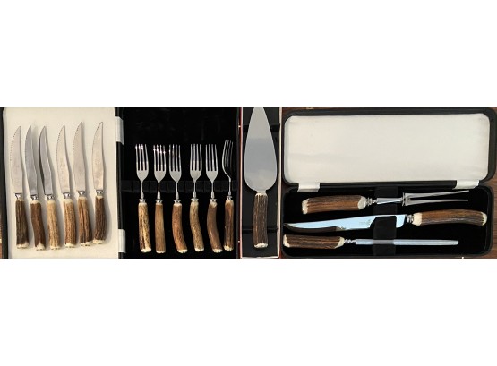 J. Nowill & Sons Sheffield Stag Antler Carving Set, Cutlery Set, And Pie Server With Cases
