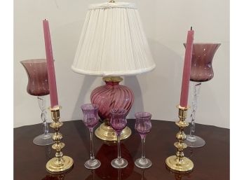 Pink Glass Home Decor Including Lamp And Brass Candle Holders