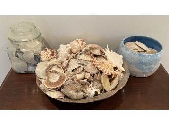 Miscellaneous Seashell Collection Including Jar, Pot, & Basket