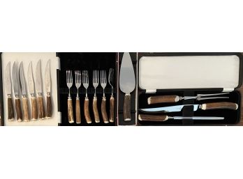 J. Nowill & Sons Sheffield Stag Antler Carving Set, Cutlery Set, And Pie Server With Cases