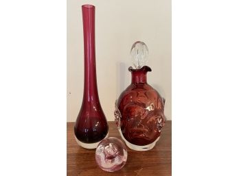 Signed Cranberry Art Glass Paperweight With Decanter & Vase