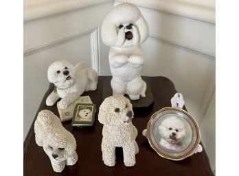 4 Resin Bichon Dog Figurines And Tiny Decorative Plate