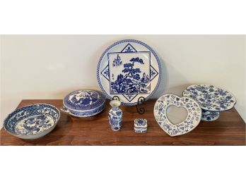 Asian Influence & Blue Transferware Collection Including Blow, Platter, Lidded Dish, & More