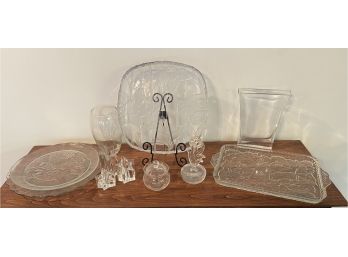 (11) Assorted Glassware Pieces Including Platters, Candle Holdersm & More