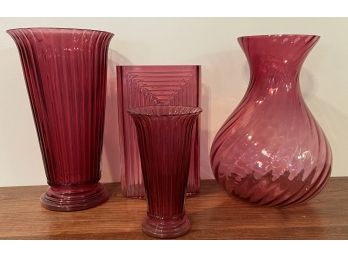4 Piece Cranberry Depression Glass Including Vases