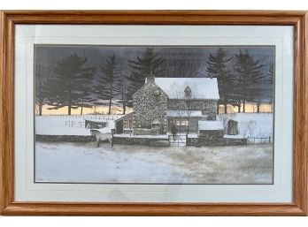 Large Framed Sunset Cabin Painting Print In Frame