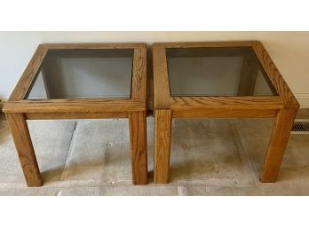 Two Oak End Tables With Glass Top
