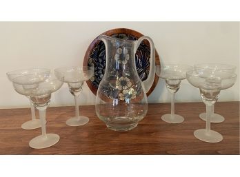 Fun Frosted Glass Margarita Pitcher With 6 Glasses & Hand Painted Wooden Bowl