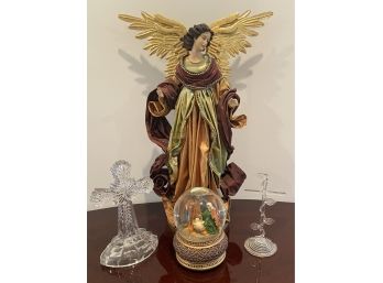 Resin Angel Figurine  With Two Cut Glass Crosses And Snow Globe