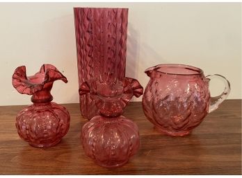 Collection Of Glassware Including (2) Fluted Fenton Vases With Cranberry Glass Pitcher & Vase