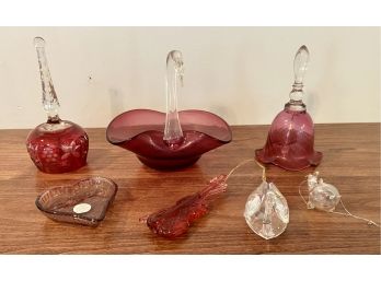 Bohemian Cranberry Cut Crystal Bell With Swan Candy Dish, Ornaments, & More