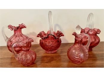 Set Of (5) Cranberry Depression Glass Ornate Pitchers & Baskets