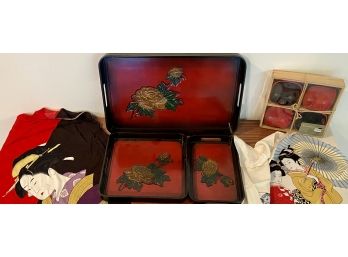 Asian Enamel Carved 3-piece Tray Set With Rice Bowls & Silk Scarves