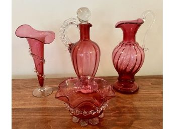 4 Piece Cranberry Glass Collection Including Decanter With Stopper