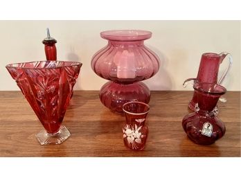 Collection Of (6) Including Fenton & Czech Glass With Hurricane Candle