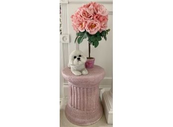 Pink Resin Pedestal With Dog Door Stop And Bouquet Of Faux Flowers