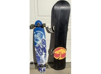 Snow Board, Long Board, 9.5 Vans Boots, And Carry Case