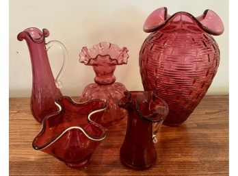 5 Piece Cranberry Glass Including Fluted Bulb Vase