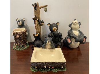 Collection Of (5) Plaster Bear Decor Including Soap Dish, Toothbrush Holder, & More