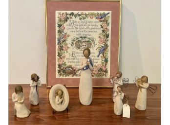 Cross-stitch Quote In Frame With 7 Willow Angel Figurines