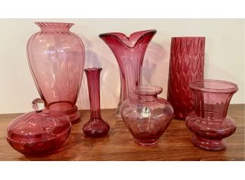(8) Piece Cranberry Glass Vases, Lidded Dish, & More