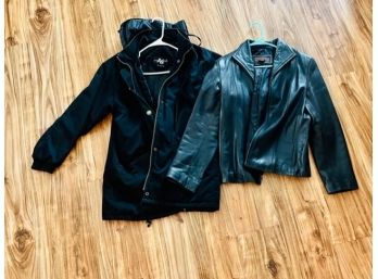 Women's Black Leather Jacket And Raincoat Pair