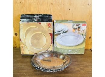 Two Boxes Of Charger Plates And 4 Silver Tones Serving Dishes