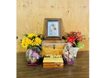 Decorative Lot With Flowers, Wood Boxes, And More