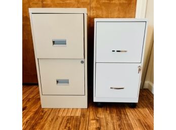Pair Of Metal Filing Cabinets With Drawer Of Assorted Art Supplies