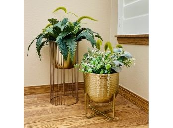 Pair Of Faux Plants In Modern Gold Tone Pots