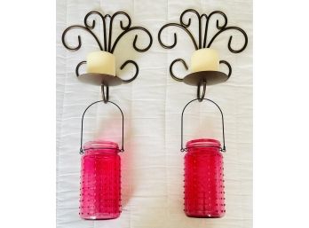 Pair Of Wall Hanging Candle Holders With Pink Hobnail Jars