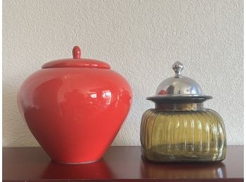 Chinese Styled Red Jar And Green Glass Jar With Metallic Lid