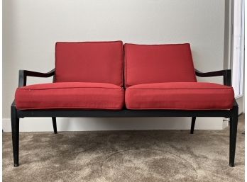 Outdoor Metal Patio Bench With Red Cushions
