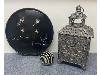 Collection Of Home Decor Including Round Black Laquer , Mother Of Pearl Inlay Tray And More