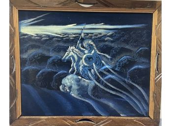 Hand Painted Tones Of Blue Spiritual Buffalo Hunter On Velvet Canvas In Hand Carved Frame