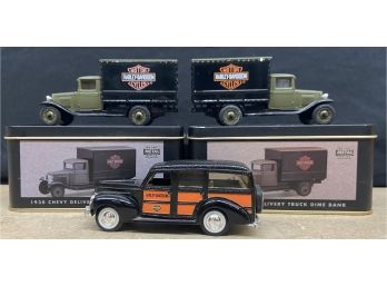 (2) 1930 Chevy Delivery Model Truck Dime Banks With Original Tins & 1940 'woody' Station Wagon