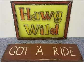 Hawg Wild Stain Glass Art Piece With Got A Ride Wooden Plaque