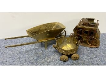 Collection Of Vintage Brass Wagons And Wheelbarrow